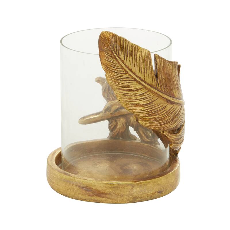 Gold Glass Feather Pillar Bird Hurricane Lamp - 5 x 5 x 8