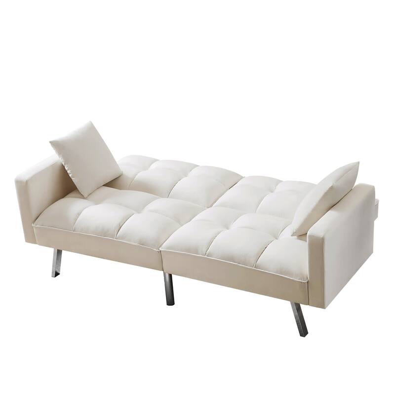 Velvet Futon Sofa Bed with Two Pillows, Convertible Sleeper Sofa Couch with 3 Angle Adjustable Backrest, Modern Loveseat