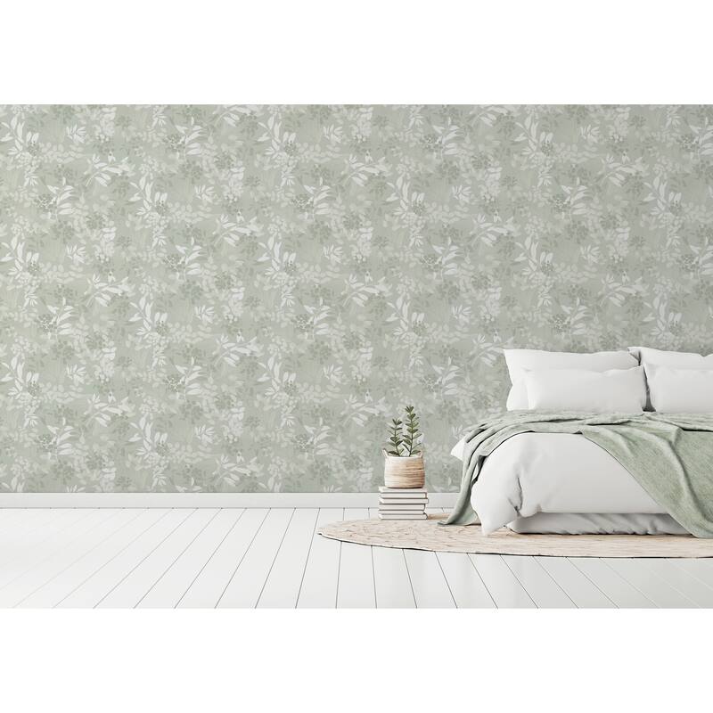 Soft Leaves Green Vinyl Wallpaper - 20.8 in. W x 33ft L - Double Roll
