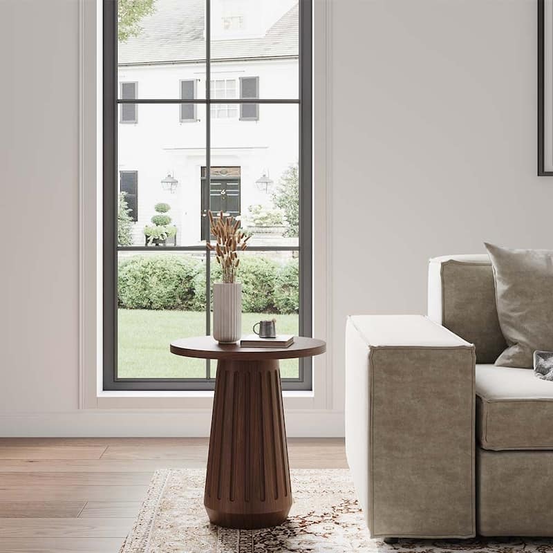17.71" Modern Minimalist Round Side Table, MDF, Walnut Veneer