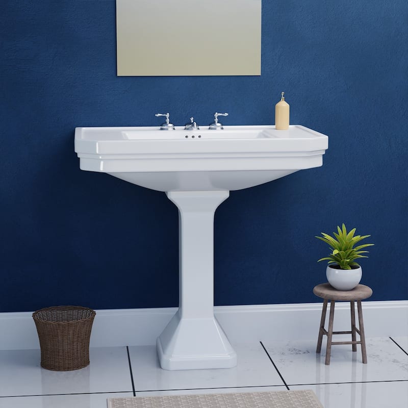 White Pedestal Sink 32" Porcelain with Widespread Faucet Holes and Overflow Renovators Supply