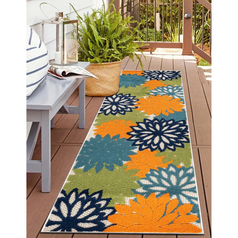 World Rug Gallery Indoor/Outdoor High-Low Textured Area Rug, Floral Easy-Clean Patio Rug - 2' x 7' - Multi