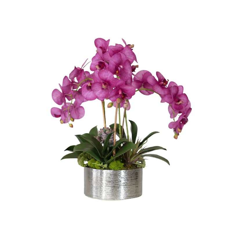 Real Touch Purple Orchid Flower Arrangement in Silver Bowl