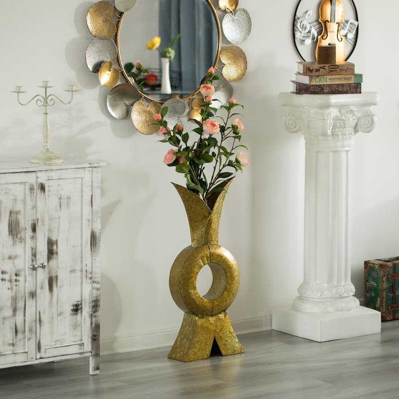 Unique Style Galvanized Gold Metal Design Large Floor Vase for Entryway, Living Room or Dining Room, 28 inTall Rustic Iron