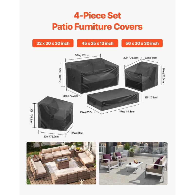 Black Oxford Fabric 4-Piece Patio Furniture Cover Set with Waterproof and UV-Resistant - 56 x 30 x 30 inch