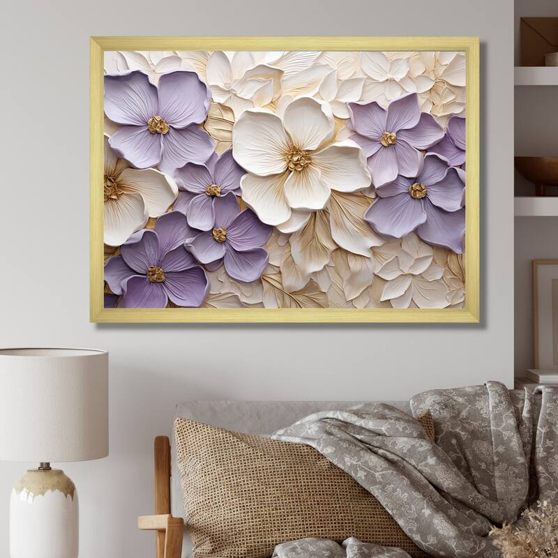 Designart "Purple And White Minimalism Violets " Violets Framed Canvas Art Print - 20 in. wide x 12 in. high - Gold