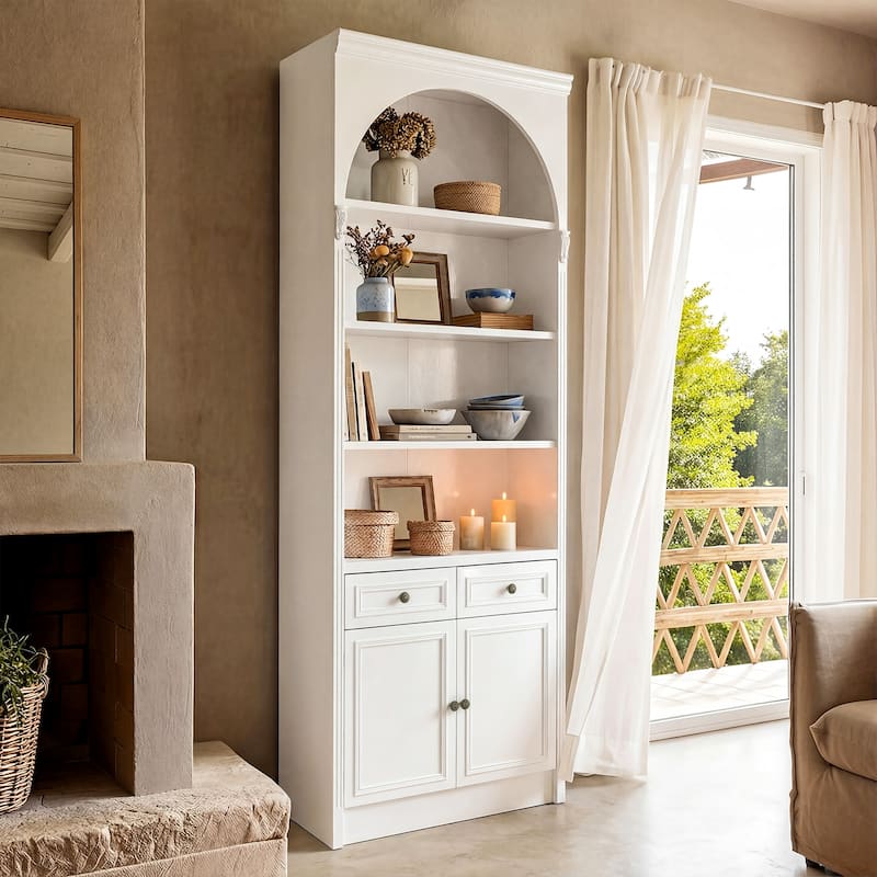 Modular White Bookcase with LED Lights & Glass Doors, 86.6" Tall Arched Display Cabinet Solid WoodStorage Cabinet