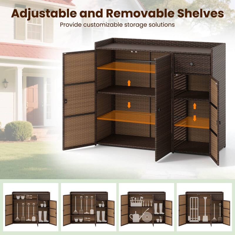 Costway Outdoor PE Wicker Storage Cabinet with 3 Doors Adjustable - See Details