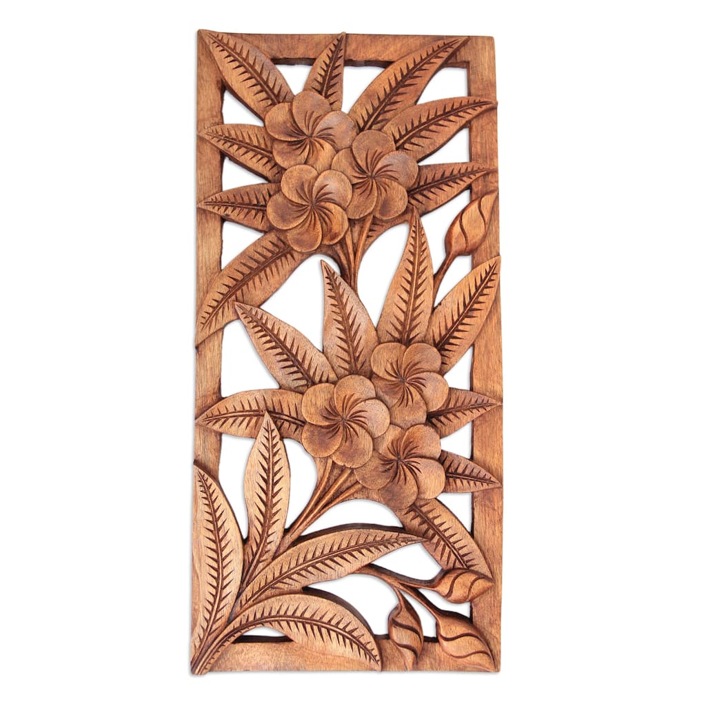 Novica Handmade Sweet Frangipani Flowers Wood Relief Panel