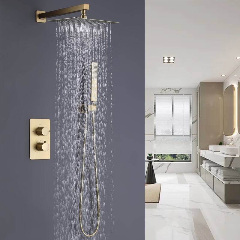 Luxury Thermostatic Complete Rain Shower System with Rough-in Valve in Black / Gold