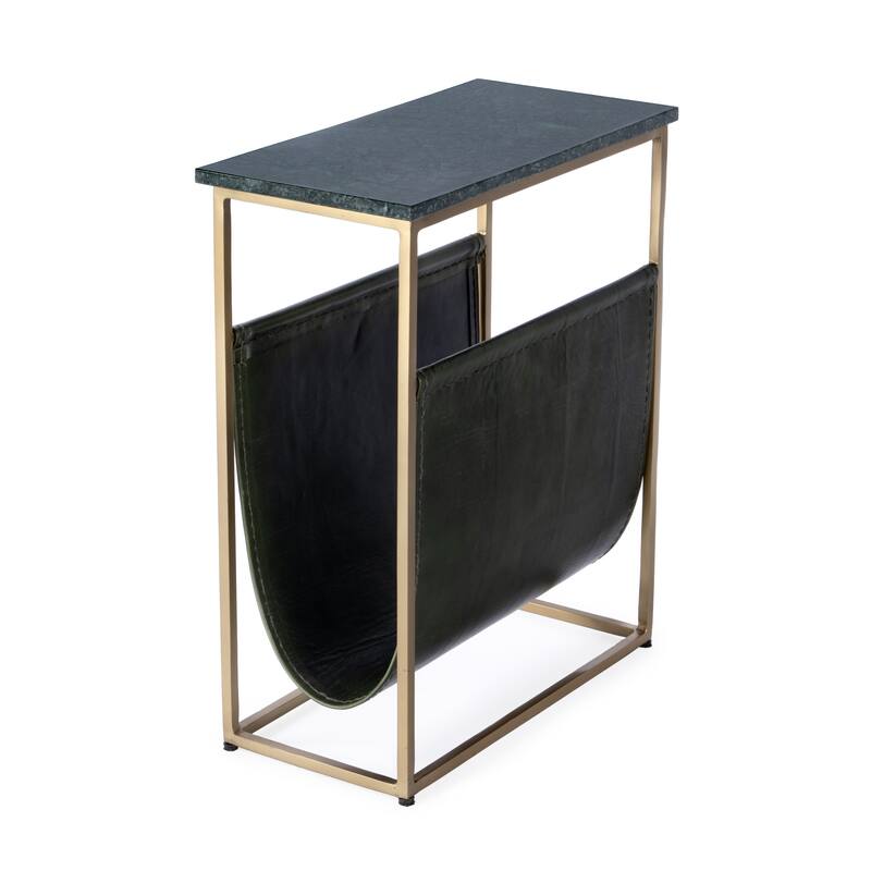 HomeRoots 22" Green and Gold Marble and Iron Frame End Table With Magazine Holder - 17.50 in. x 22.00 in. x 9.00 in.