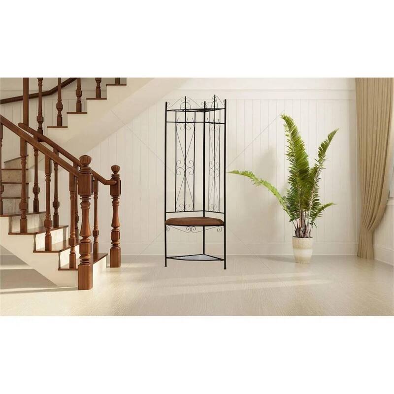 Black Metal Scrolling Corner Hall Tree Coat Rack Storage Bench - Multi
