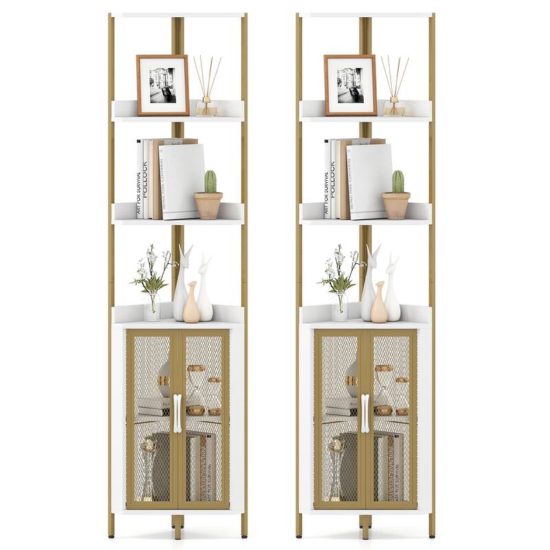 Gymax 2PCS 6-Tier Corner Shelf 67'' Tall Corner Bookshelf w/Cabinet & - White