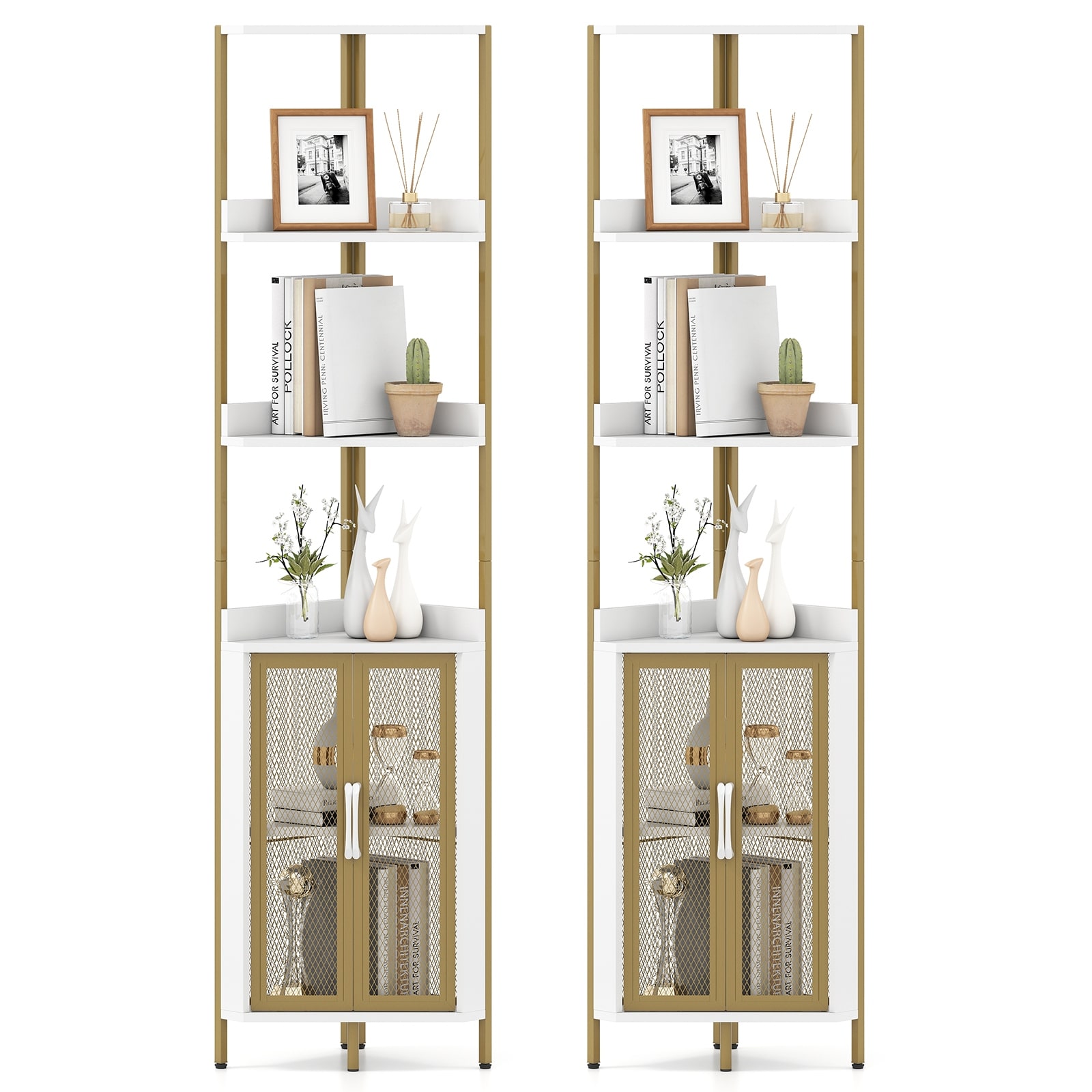 Gymax 2PCS 6-Tier Corner Shelf 67'' Tall Corner Bookshelf w/Cabinet &