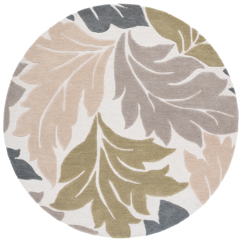 SAFAVIEH Handmade Jardin Jappe Country Botanical Wool Rug - 6' Round - Ivory/Grey