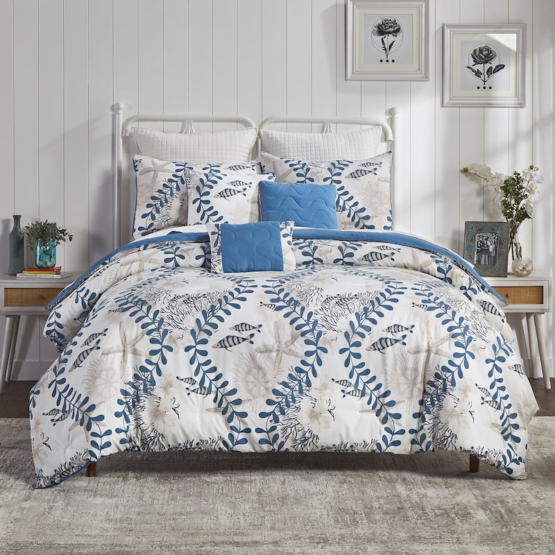 Better Trends Caspian Collection 6-Piece Microfiber Floral Comforter Set in Blue - Soft, Durable & Machine Washable