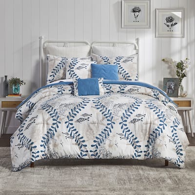 Better Trends Caspian Collection 6-Piece Microfiber Floral Comforter Set in Blue - Soft, Durable & Machine Washable