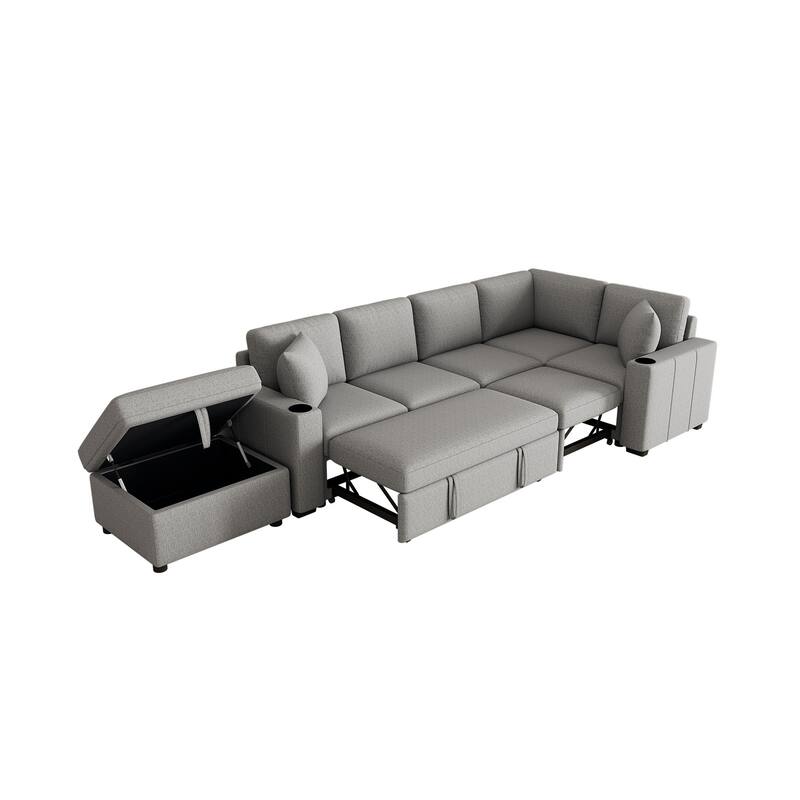 84.7" Chenille Sleeper Sectional Sofa with Storage & USB Ports