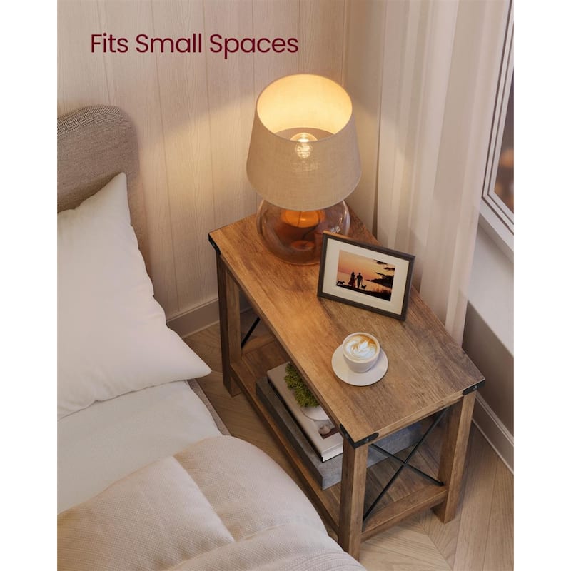 2-Tier Honey Brown Wooden Side End Table with Shelf and Steel X-Bars for Living Room or Bedroom - 11.8"D x 23.6"W x 21.6"H