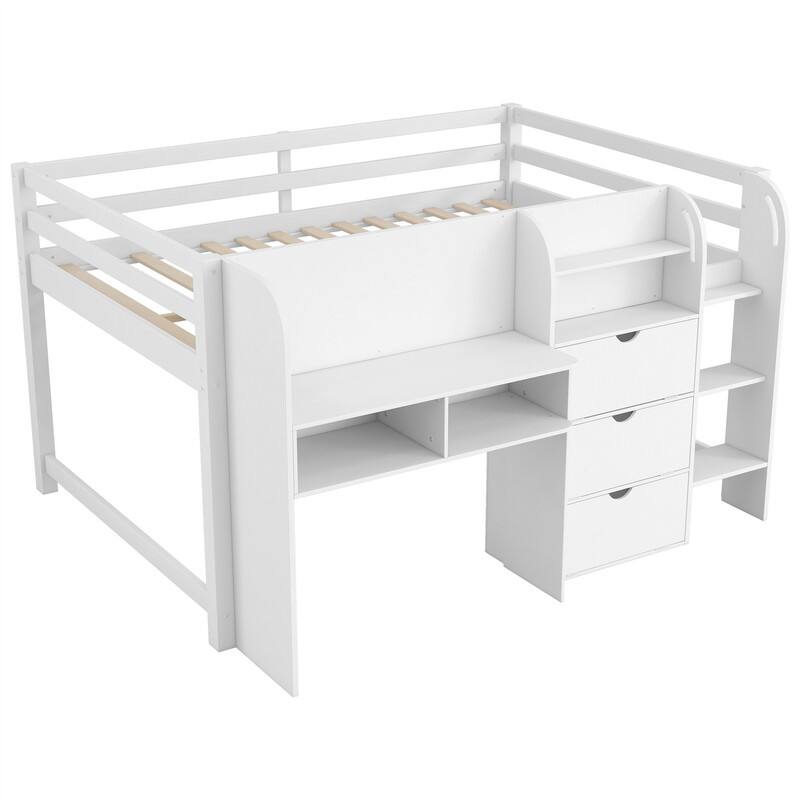 Full Size Low Loft Bed with Bulit-in Desk, Storage Cabinets and Open Bookcase, Wooden Loft Bedframe with Whiteboard for Graffiti