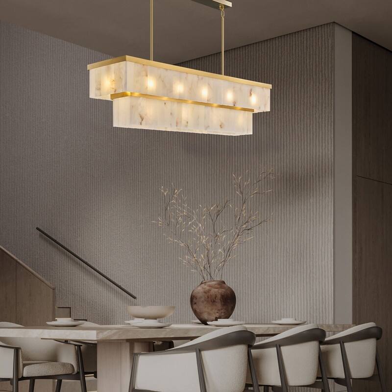 Elegant layered alabaster chandelier with natural stone panels