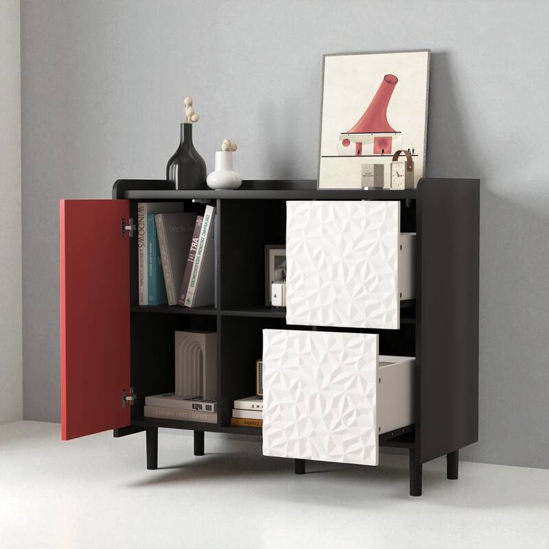 35" Modern Black Buffet Storage Cabinet with Unique Drawer Panels, 2 Doors and Open Shelves, Accent Sideboard
