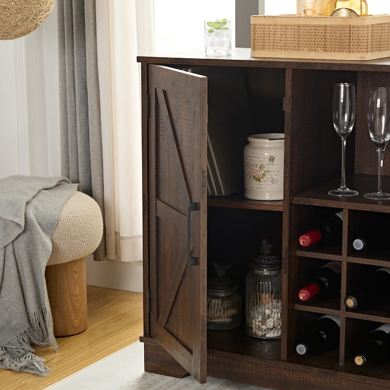 Rustic Bar Cabinet with 9-Bottle Wine Rack, Adjustable Shelves, and Barn Door Design