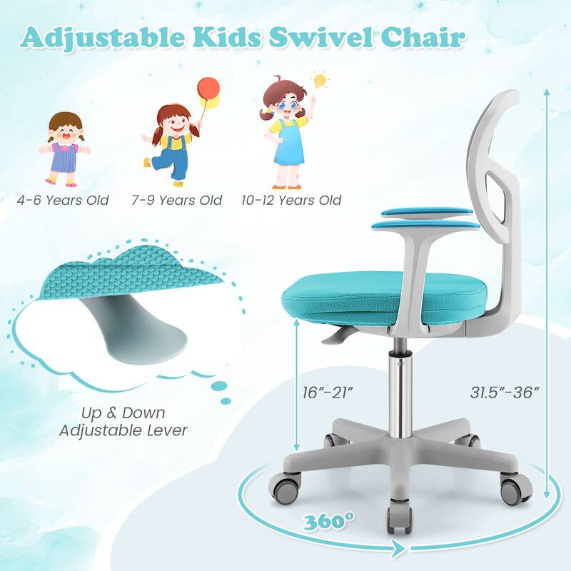Kids Ergonomic Adjustable Height Study Chair with Swivel Seat and Mesh Backrest and Armrests
