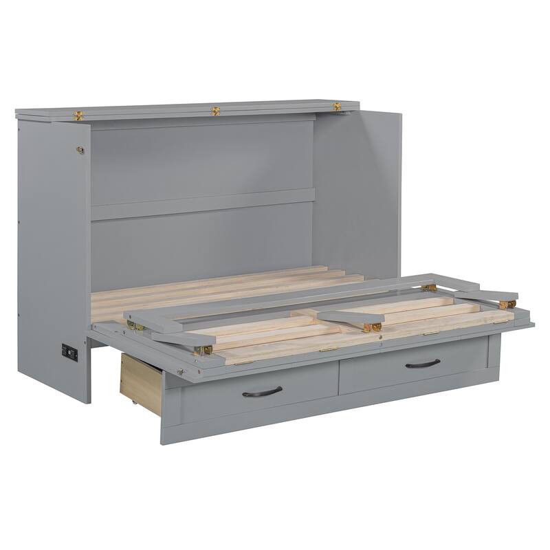 Space-Saving Full Murphy Bed with Drawers & Rattan Finish, Includes USB Port, Perfect for Multifunctional Rooms