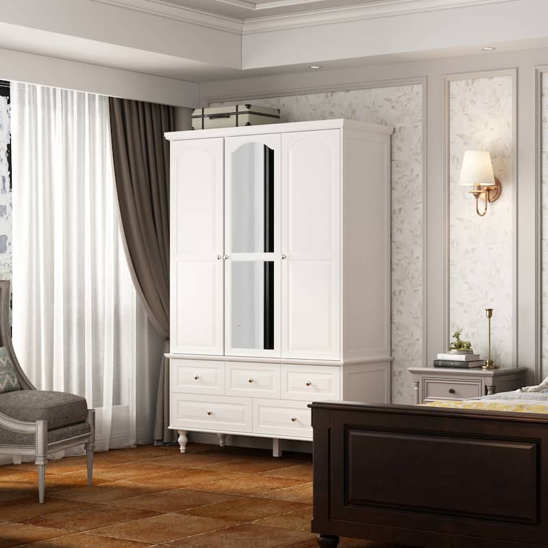 3-Door Wardrobe Armoire with Mirror, 70.9" Tall Freestanding Closet Cabinet Storage Wardrobe for Bedroom