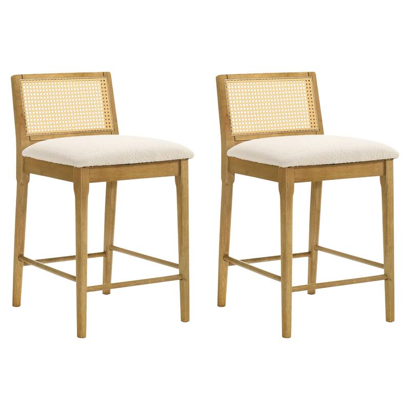 Tobias Rattan and Wood Bar Stool, Counter Height Kitchen Stool with White Boucle Fabric Upholstered Seat - Set of 2 - Amber Glow - Counter Height