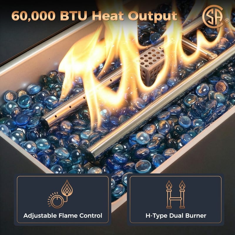 43" Outdoor Aluminum Gas Fire Pit Table, 60,000 BTU, Propane/Natural Gas, Glass Wind Guard