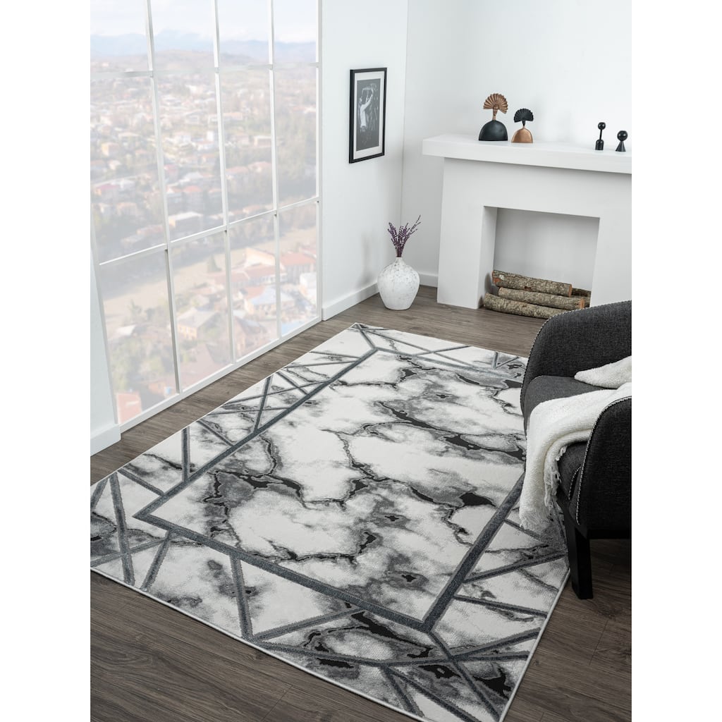Riley Collection White/Grey Abstract Design Contemporary Area Rug