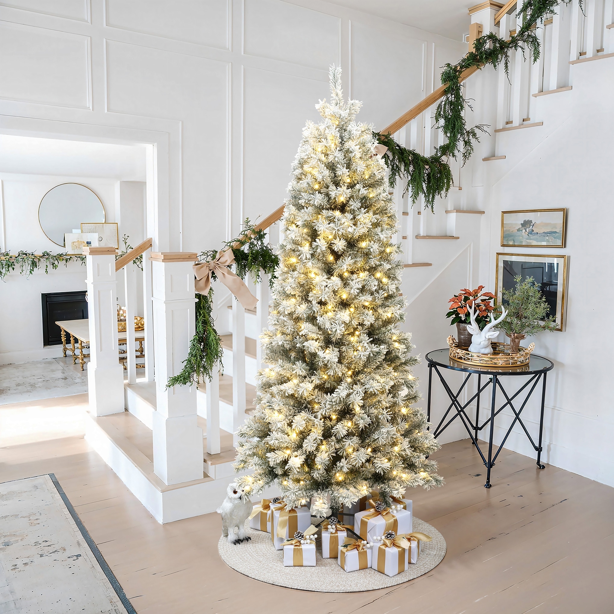 7Ft Pre-Lit Snow-Flocked Artificial Christmas Tree with Metal Stand