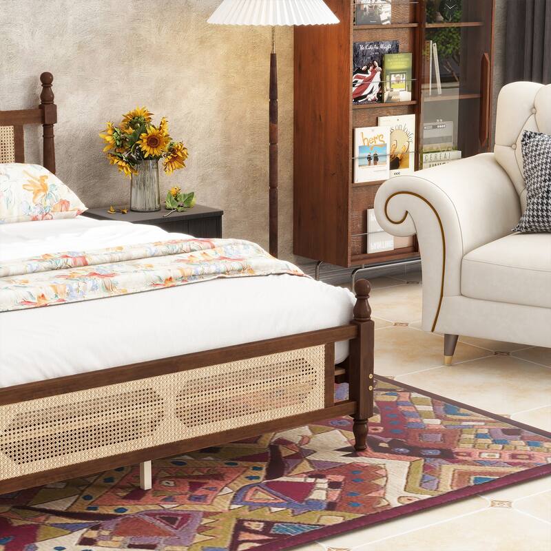 Solid Pinewood Storage Bed Frame, Queen/King Size Platform Bed with Rattan Headboard and Footboard, Spherical Head Bedposts