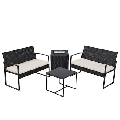 4 Piece Outdoor PE Wicker Furniture Set, Patio Black Rattan Sectional Sofa Couch with Washable Cushions