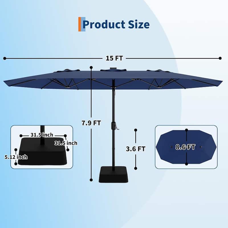 15' Large Patio Umbrella with Sandbag Base, Navy