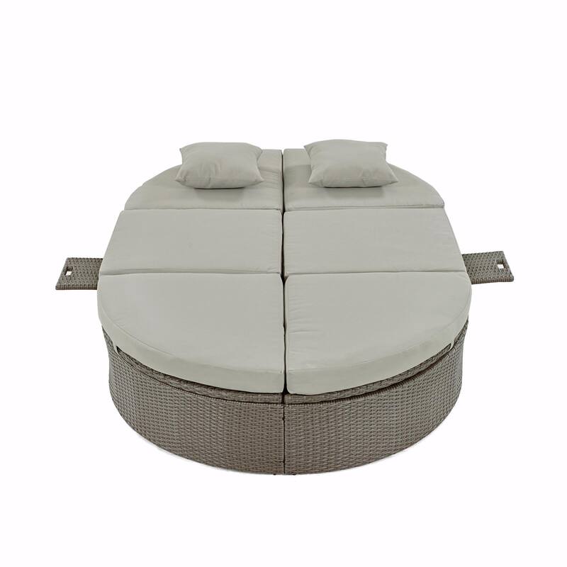 Rattan Patio Daybed with Cushions, Reclining Chaise Lounge, Foldable Trays