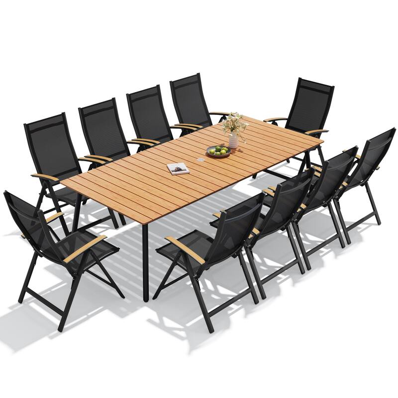 11-Piece Outdoor Patio Dining Set WPC Table Top Alumium Umbrella Hole Table with Folding Teak Armrest Chairs - Brown