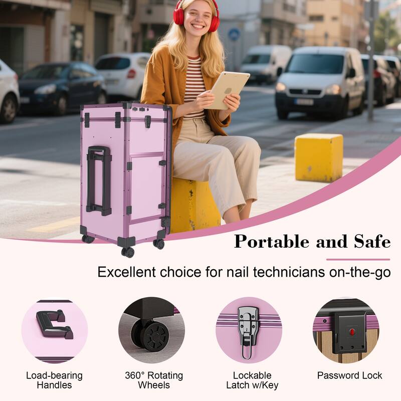 Portable Nail Art Table w/ LED Mirror, Bluetooth, Lockable Drawers, Telescopic Pole - Folding Manicure Station for Salons