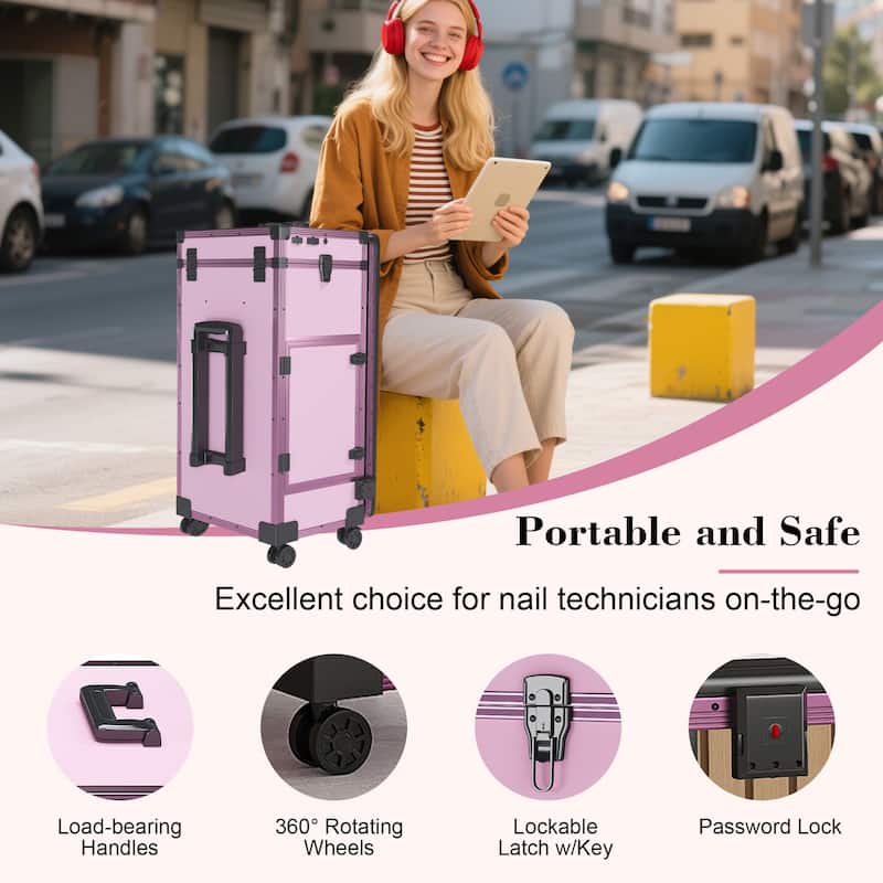 Roomfitters Portable Nail Table with LED Mirror, Lockable Drawers and Bluetooth, Folding Manicure Station on Wheels, Black