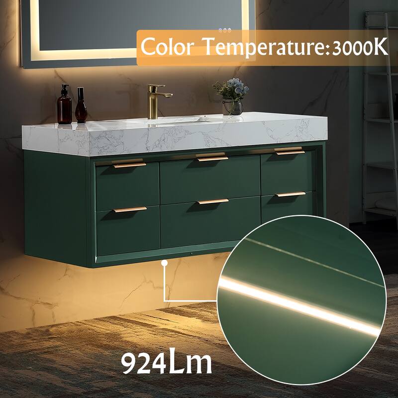 36/48/60 Modern LED Floating Bathroom Vanity with Single/Double Sink & Soft-Close Drawers & Waterproof, Green