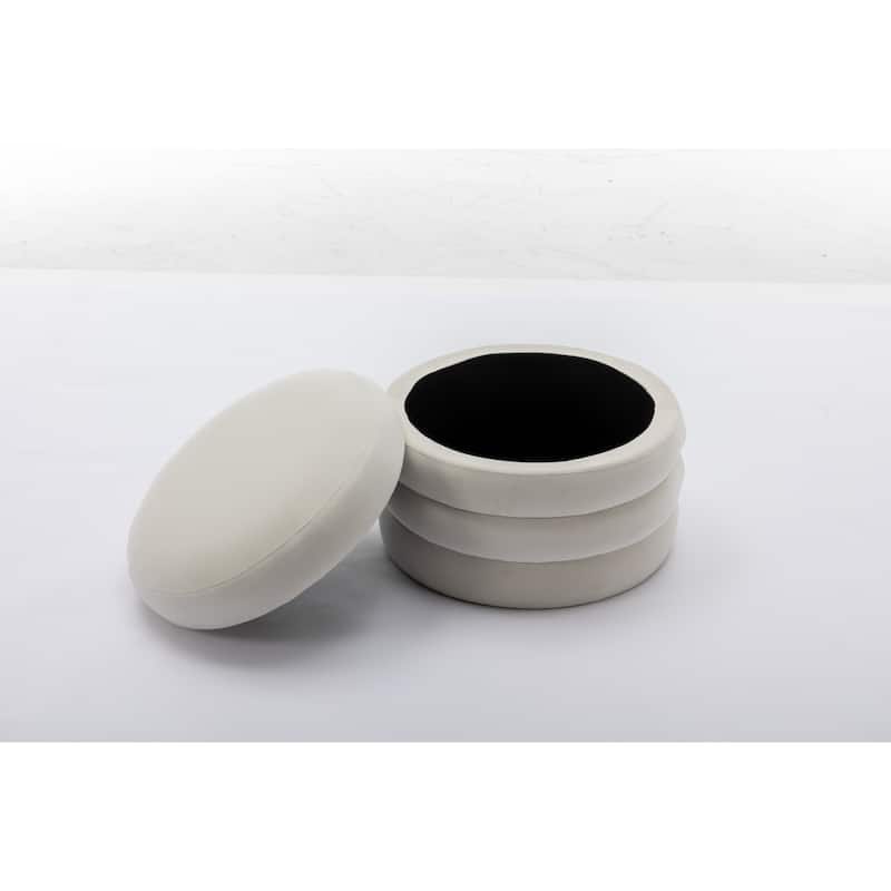 Velvet Round Ottoman with Storage, Footstool with Wooden Shelving, Multifunctional Round Vanity Stool for Makeup