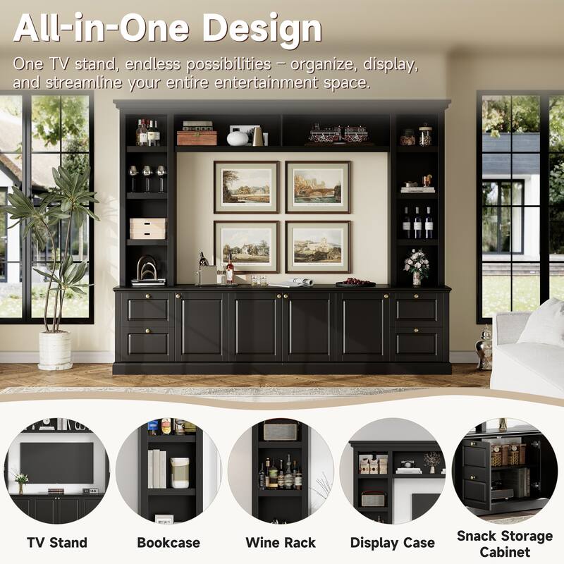 All-in-One Modern TV Stand with Bookcase for TVs up to 70 inch, Entertainment Center with 3 Adjustable Shelves