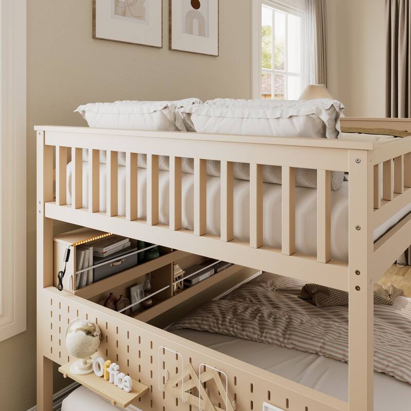 Wooden Full Over Full Bunk Bed Frame for Kids with Integrated Shelving, Light Strip, Pegboard, Full-Length Guardrails and Ladder