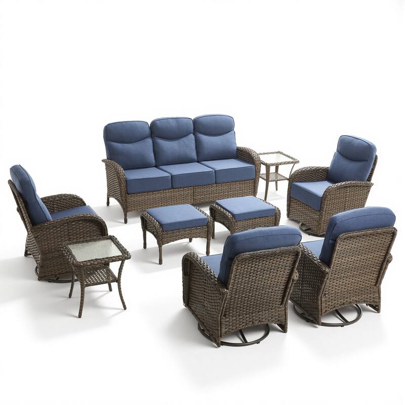 Pocassy Outdoor 9-Piece Sofa Swivel Chair with Ottoman