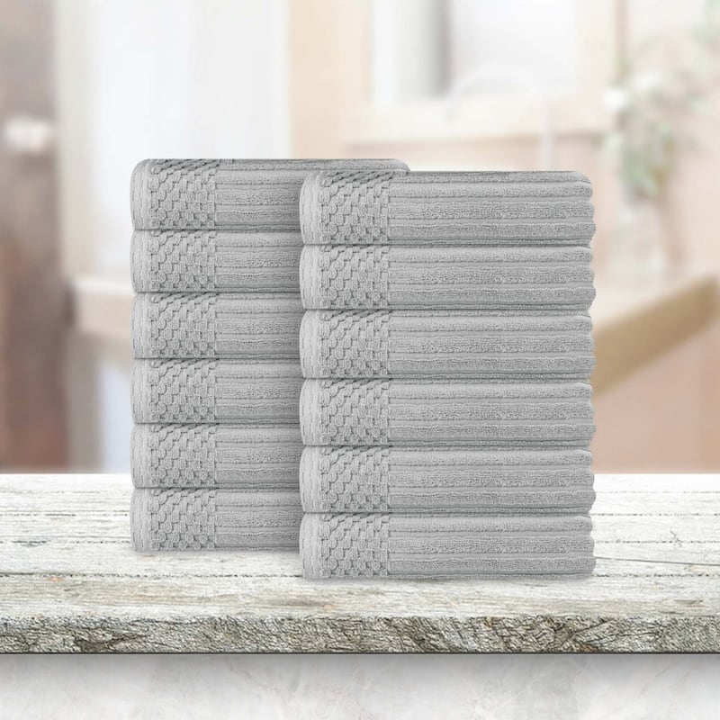 Superior Soho Ribbed Cotton Face Towel/Washcloth Set of 12 - Silver