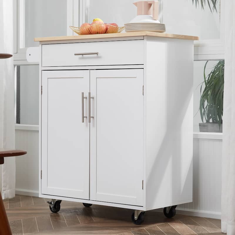 Kitchen Island with Rubberwood Top, Rolling Kitchen Cart with Adjustable Cabinet, Kitchen Cabinet with Towel Rack - White