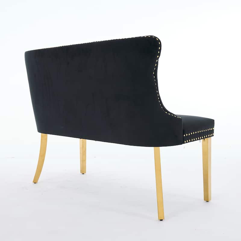 Velvet Double Dining Loveseat Bench, 2-Seat Tufted Bench w/Handmade Buttons, Wing Back, Gold-Plated Steel Legs, Single Pack