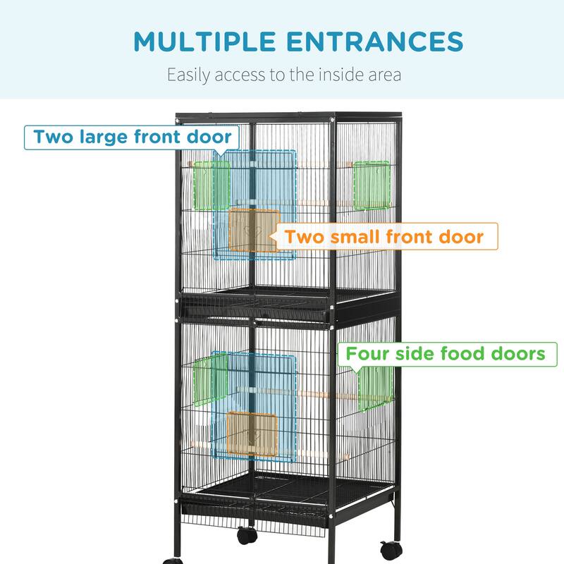 Dual-Compartment Steel Bird Cage with Removable Tray & Rolling Casters — Black - 20.5" W x 19.75" D x 55" H.